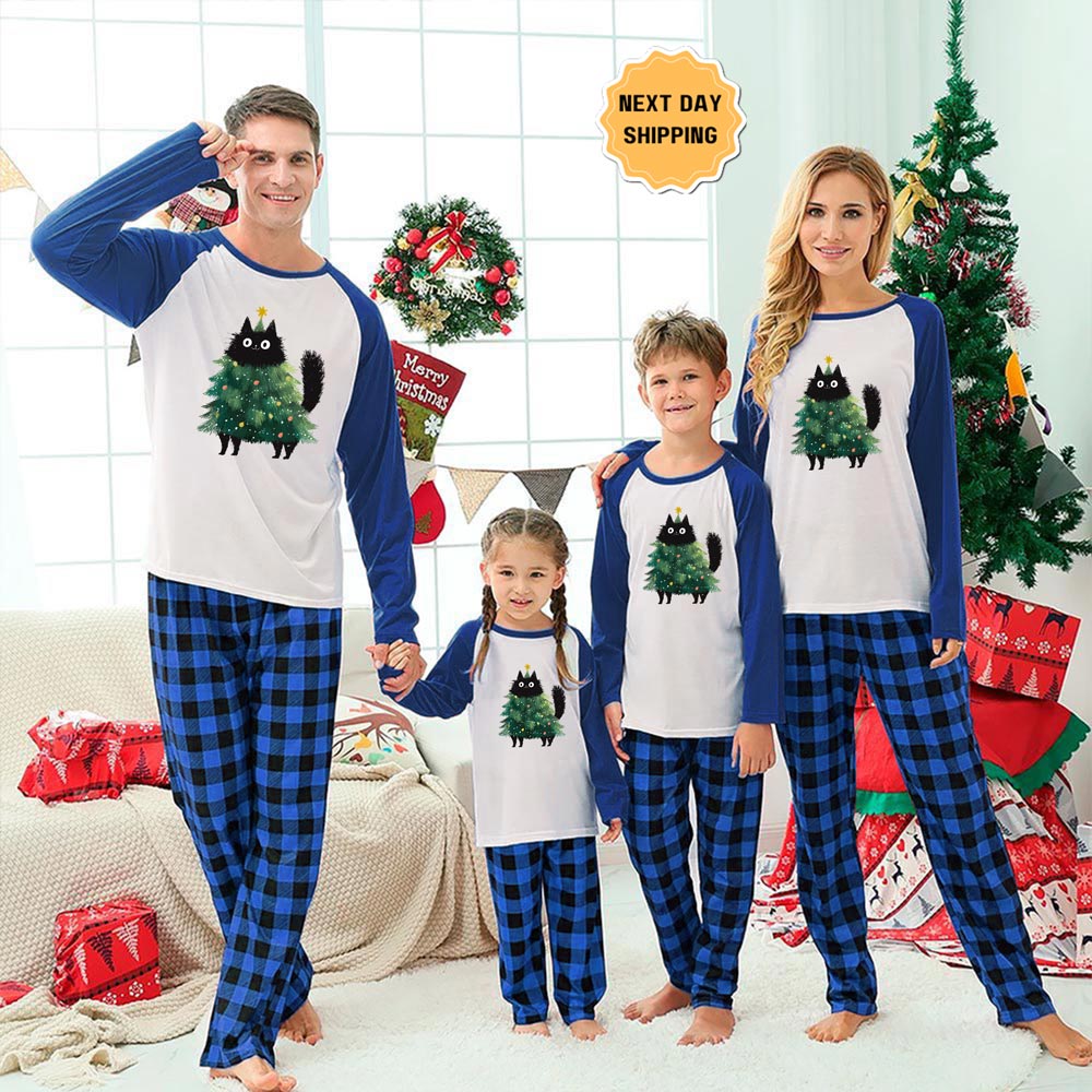 Cute Black Cat Christmas Tree Family Xmas Pajamas Sets 2