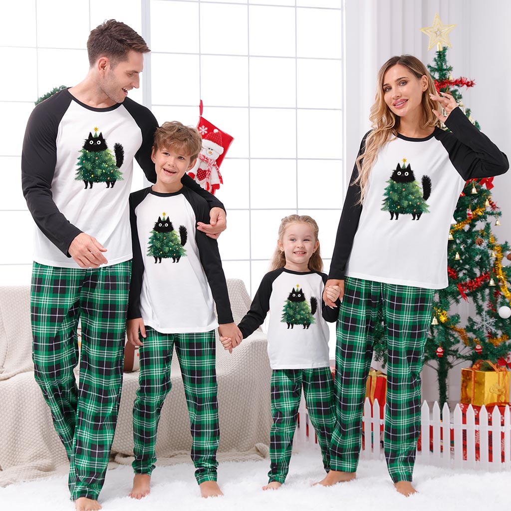Cute Black Cat Christmas Tree Family Xmas Pajamas Sets 4