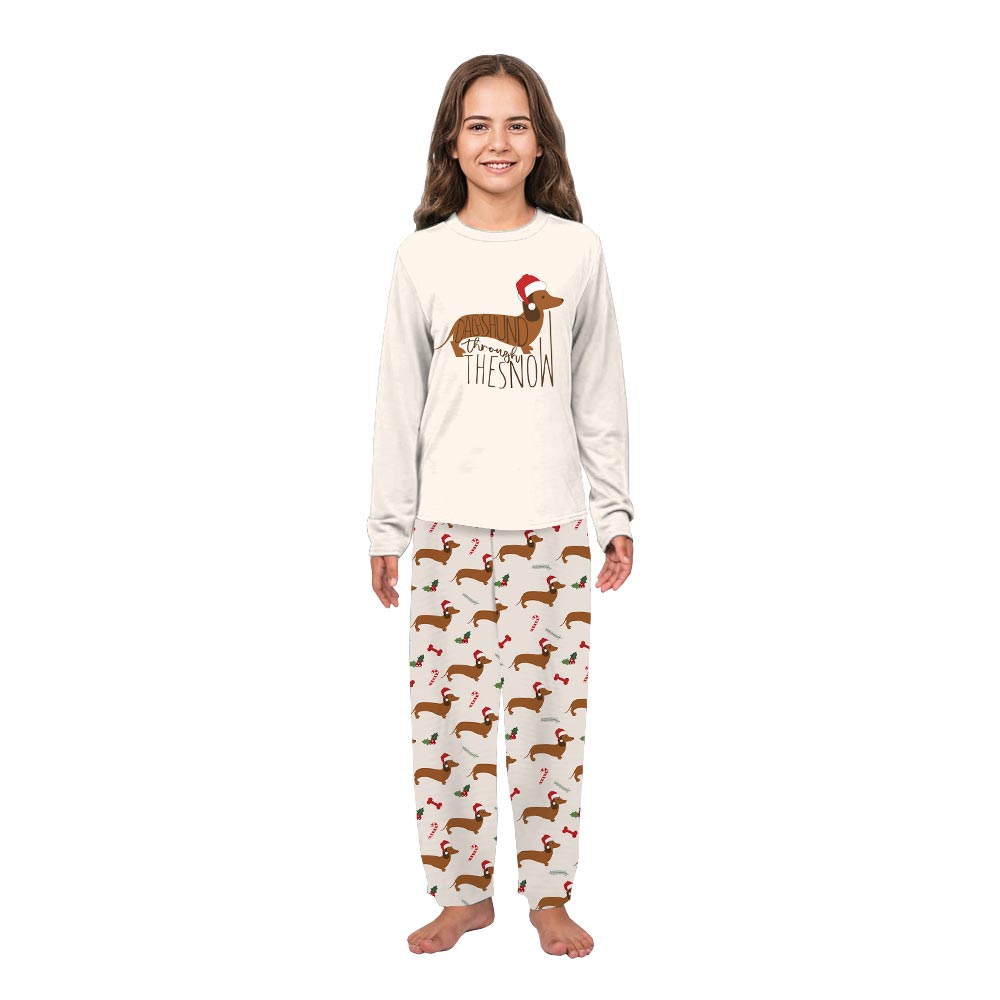 Cute Dachshund Through The Snow Saying Family Christmas Pajamas 7