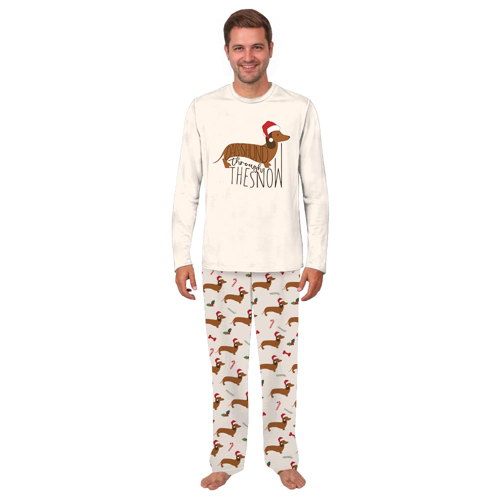 Cute Dachshund Through The Snow Saying Family Christmas Pajamas 5