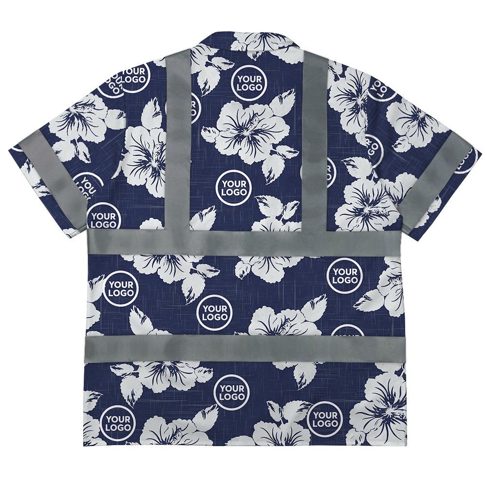 Blue Navy Hibiscus Safety Hawaiian Shirt With Custom Logo 2