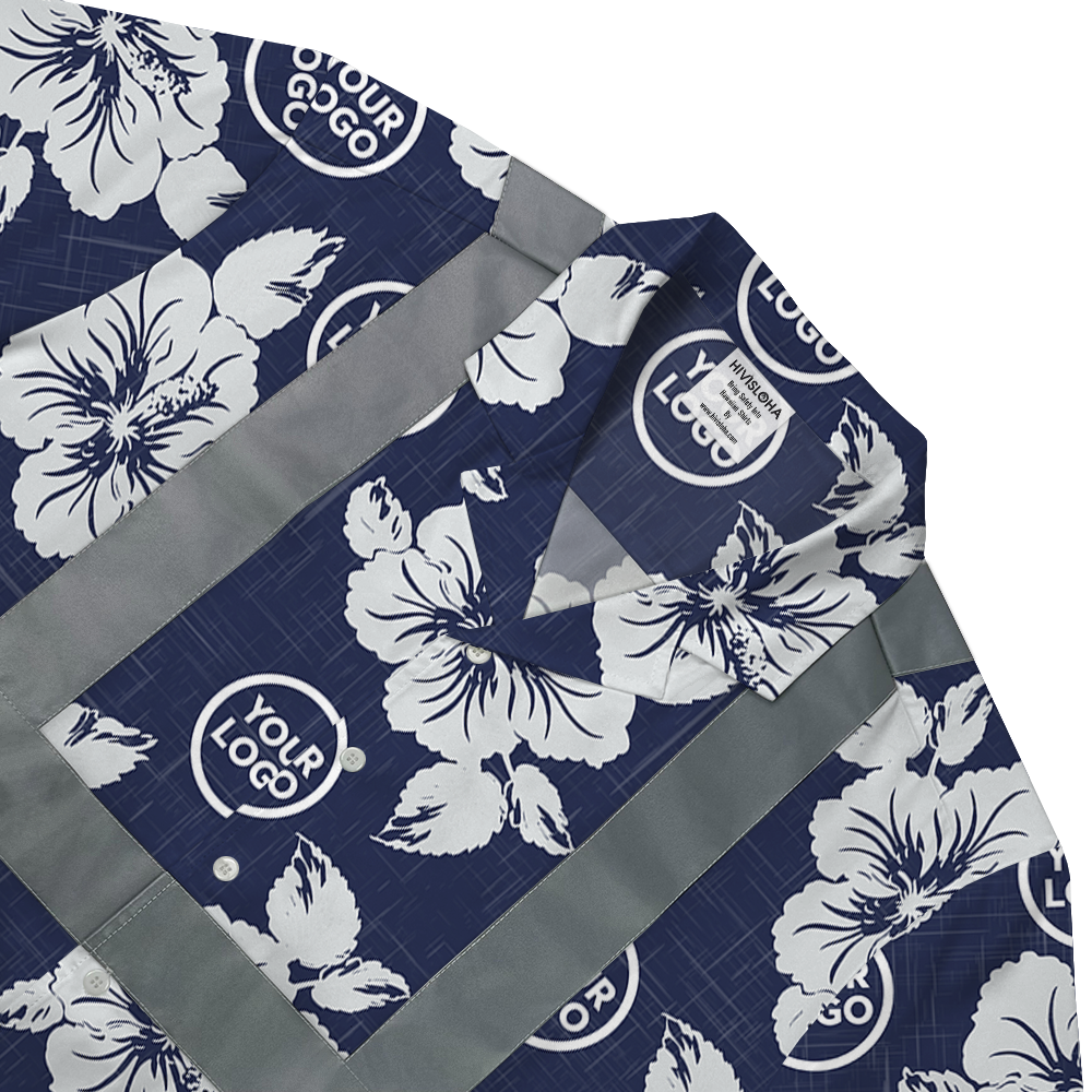 Blue Navy Hibiscus Safety Hawaiian Shirt With Custom Logo 4