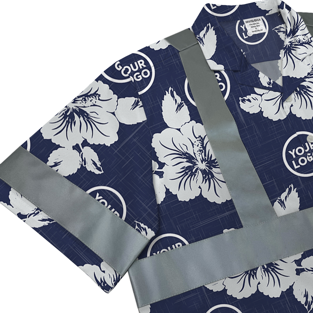Blue Navy Hibiscus Safety Hawaiian Shirt With Custom Logo 5