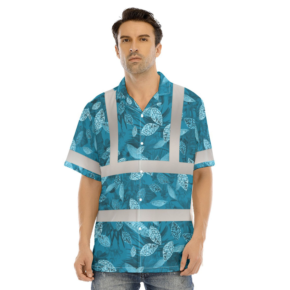 Blue Tropical Hawaiian Construction Shirt With Reflective Strip