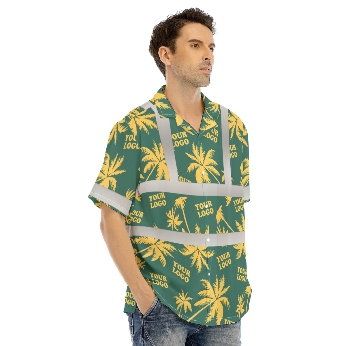 Custom Company Logo Green Hi Vis Hawaiian Shirt 4