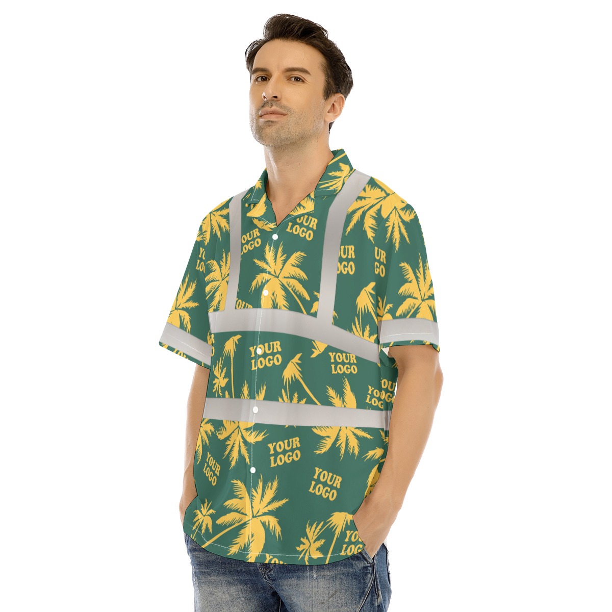 Custom Company Logo Green Hi Vis Hawaiian Shirt 3