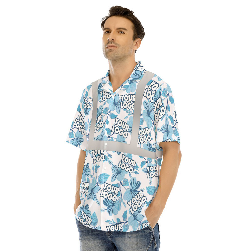 Custom Logo Floral Hawaiian Safety Shirt With Reflective Strip 4