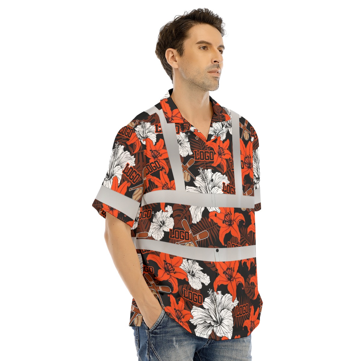 Custom Logo Orange Floral Hi Vis Hawaiian Shirt 3