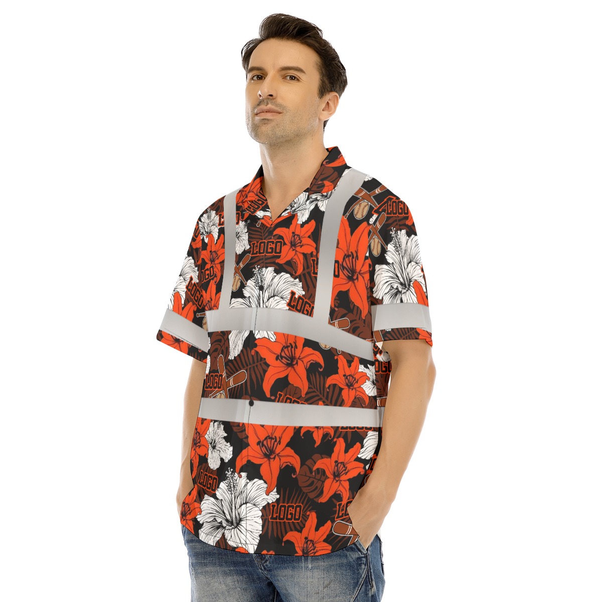 Custom Logo Orange Floral Hi Vis Hawaiian Shirt 4