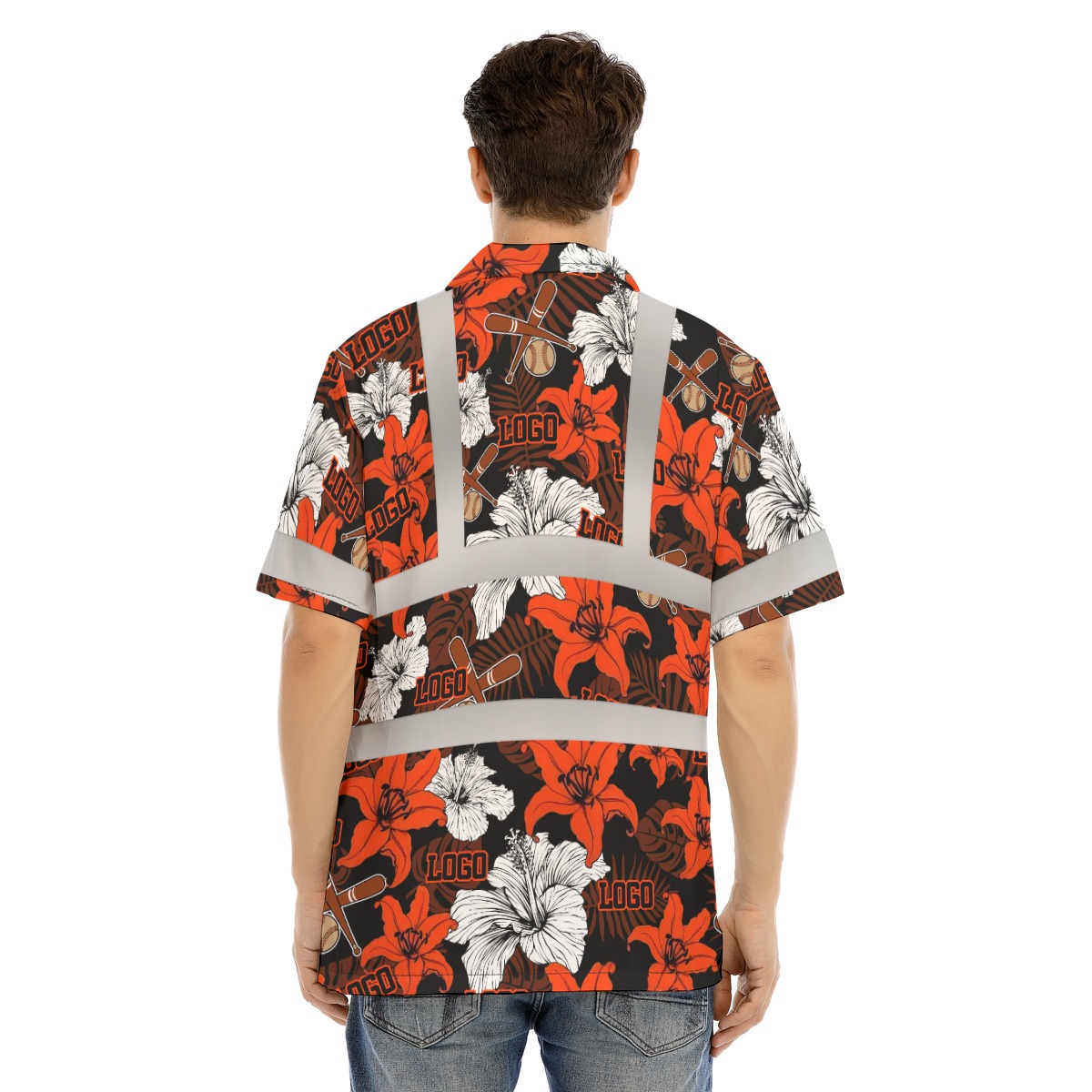 Custom Logo Orange Floral Hi Vis Hawaiian Shirt 5