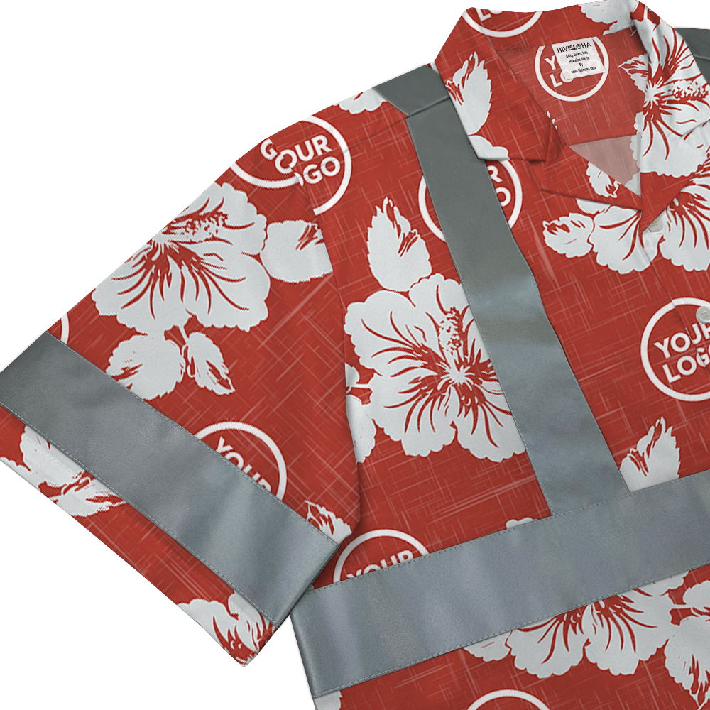 Custom Logo Red Tropical Hawaiian Shirt With Reflective Strip 6