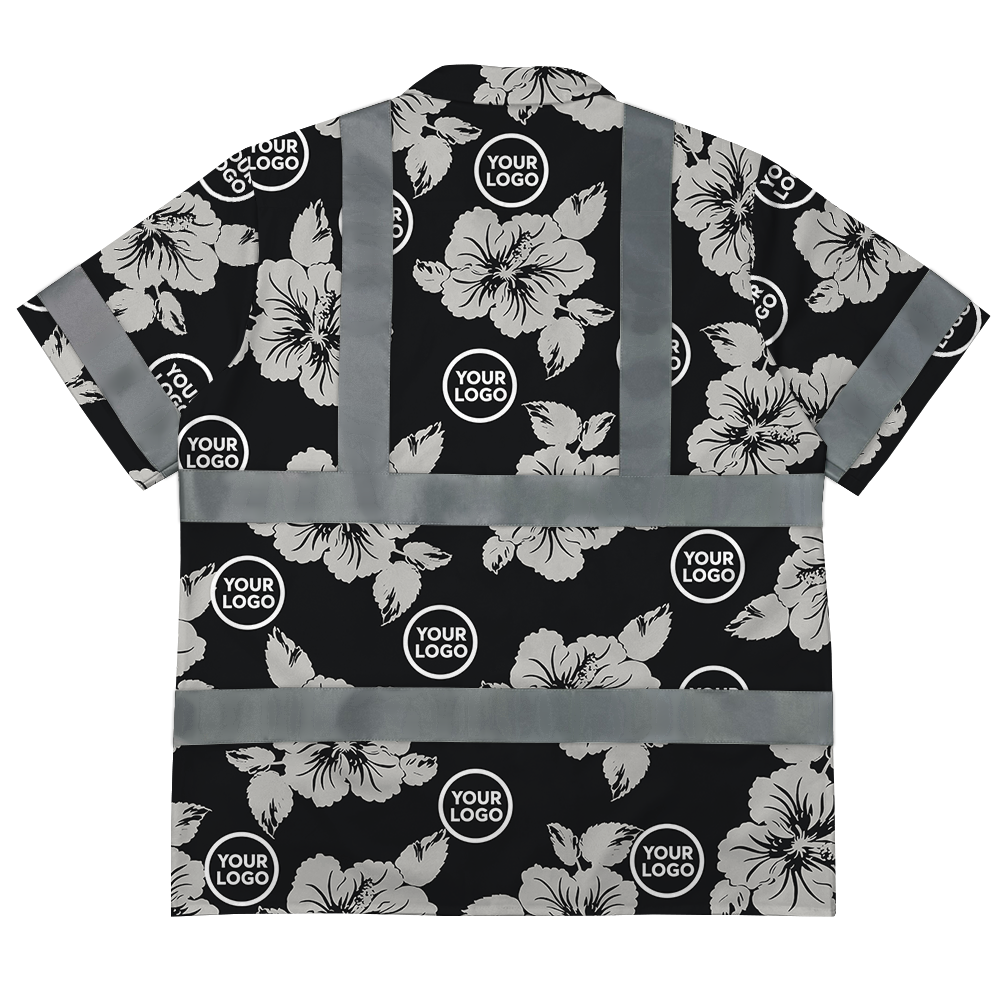 Custom Logo Reflective Black Hawaiian Shirt With Hibiscus 2