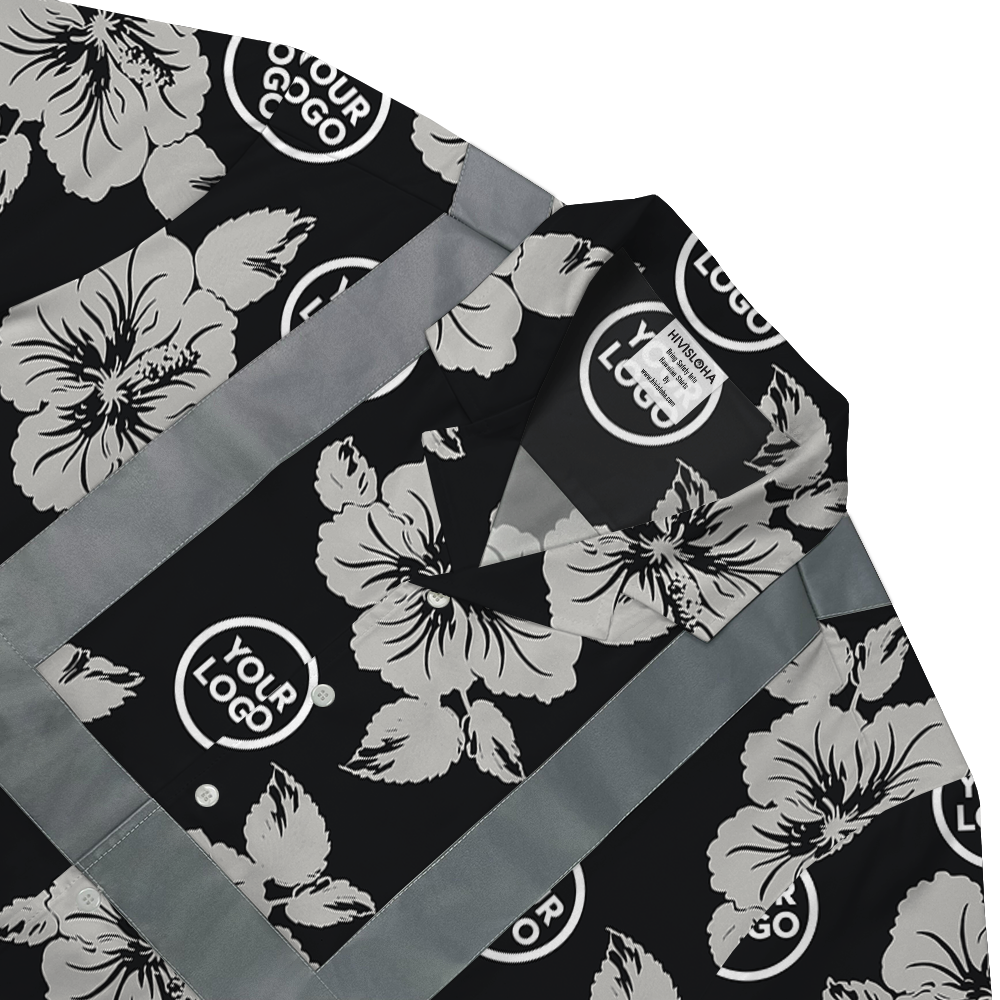 Custom Logo Reflective Black Hawaiian Shirt With Hibiscus 4