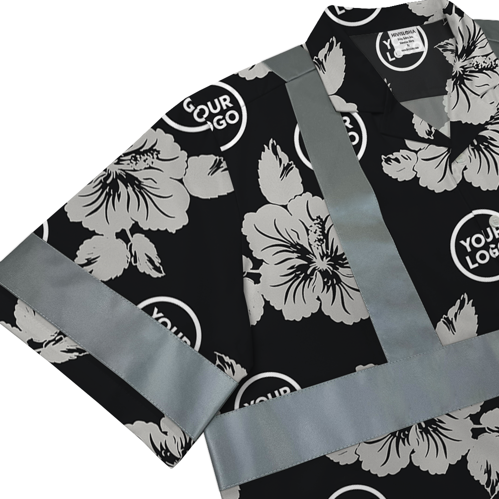 Custom Logo Reflective Black Hawaiian Shirt With Hibiscus 5