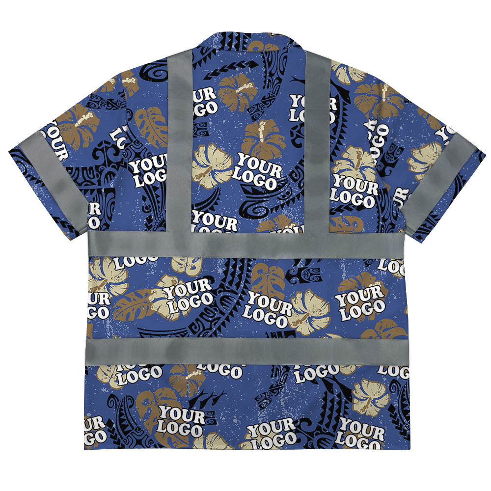 Custom Logo Vintage Cotton Navy Aloha Shirt With Reflective Strips 3