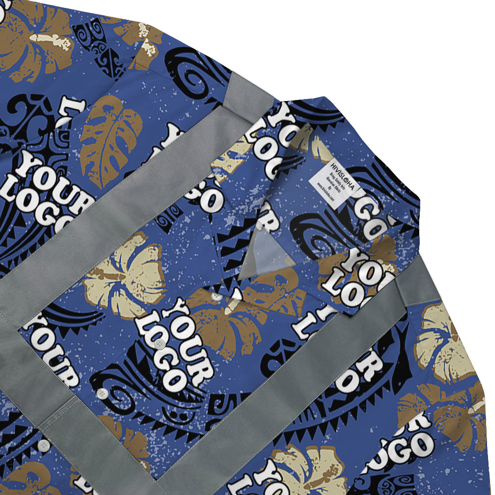 Custom Logo Vintage Cotton Navy Aloha Shirt With Reflective Strips 4