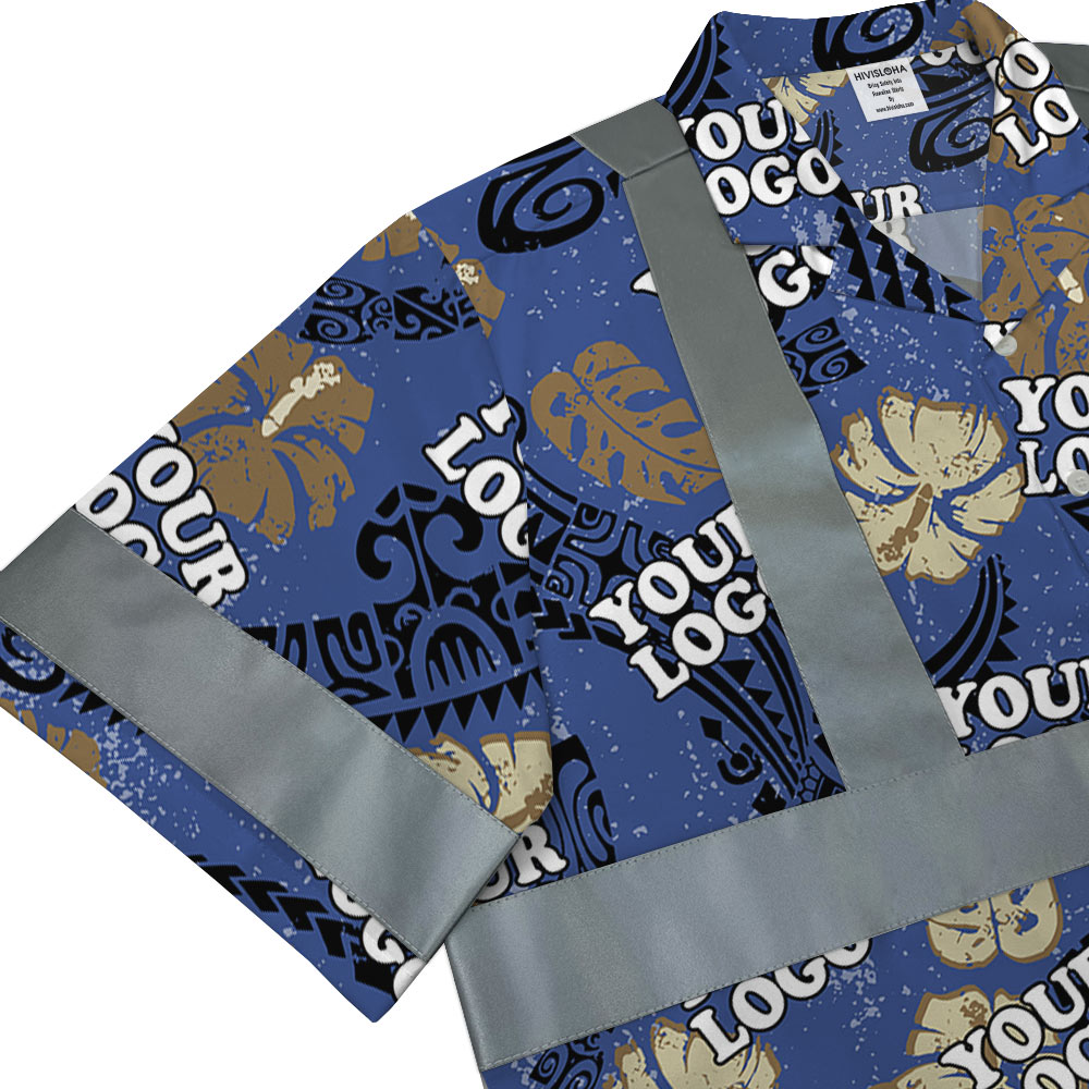 Custom Logo Vintage Cotton Navy Aloha Shirt With Reflective Strips 5