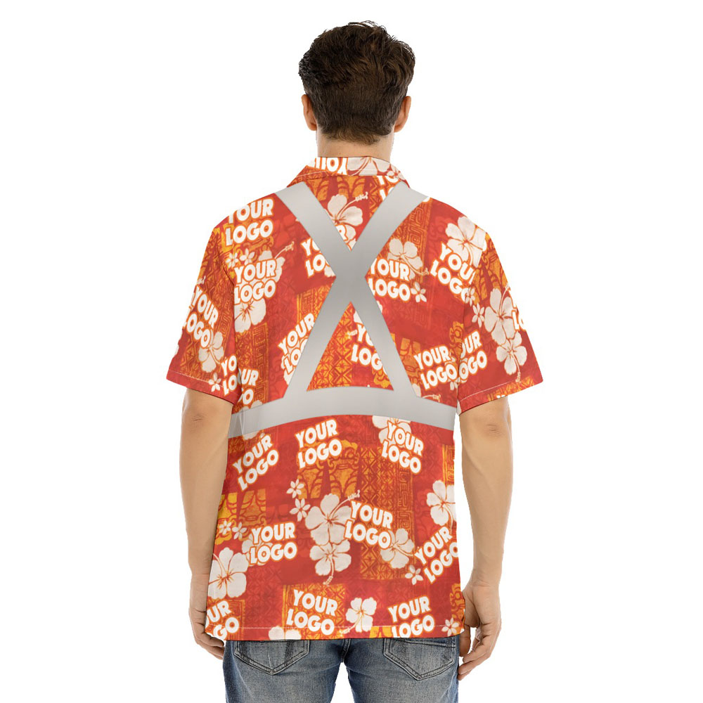 Custom Logo Vintage Orange Hibiscus Hi Vis Hawaiian Shirt 3