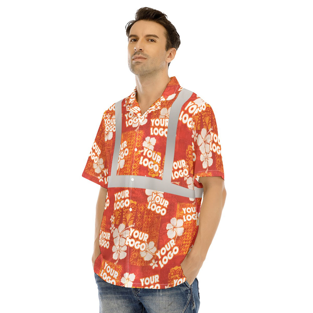 Custom Logo Vintage Orange Hibiscus Hi Vis Hawaiian Shirt 4