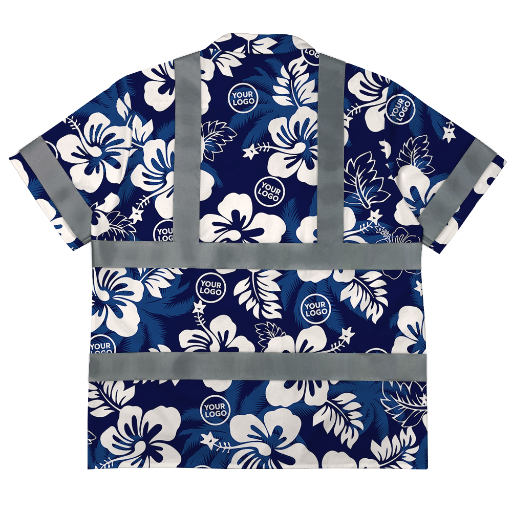 Custom Navy Hibiscus and Palm Leaf Hi Vis Hawaiian Shirt 2