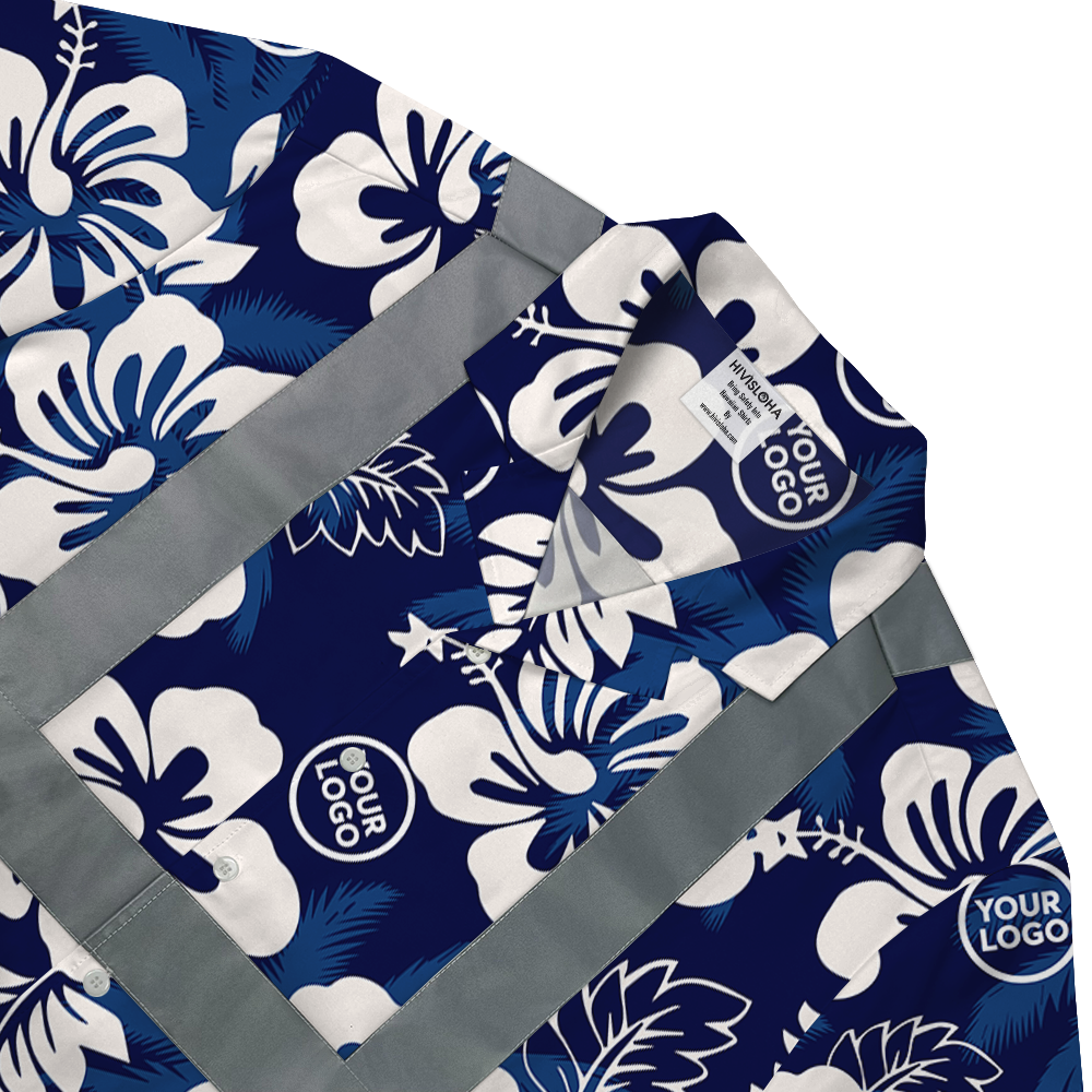 Custom Navy Hibiscus and Palm Leaf Hi Vis Hawaiian Shirt 4