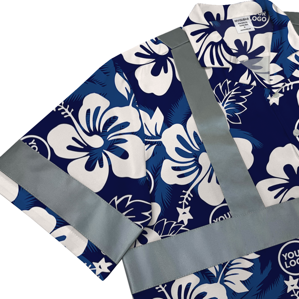 Custom Navy Hibiscus and Palm Leaf Hi Vis Hawaiian Shirt 5