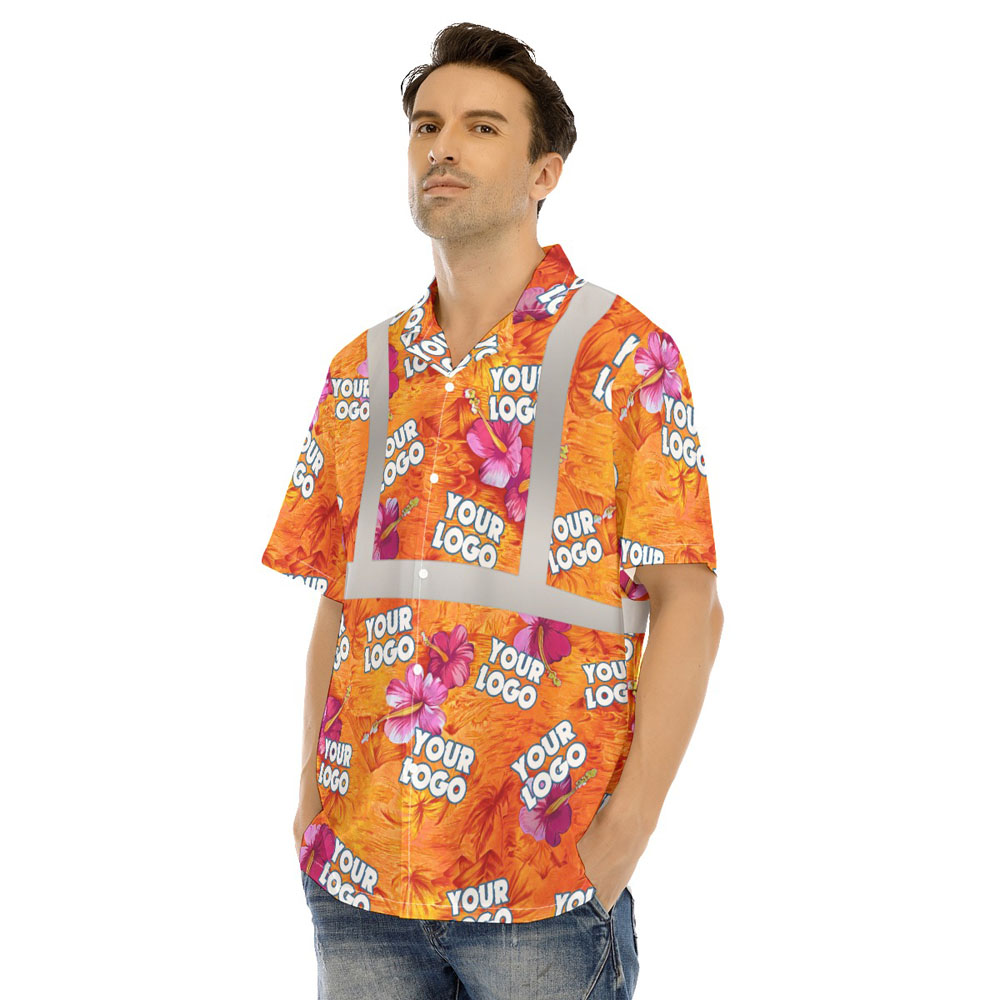 Hibiscus Orange Hi Vis Hawaiian Shirt With Custom Logo 4