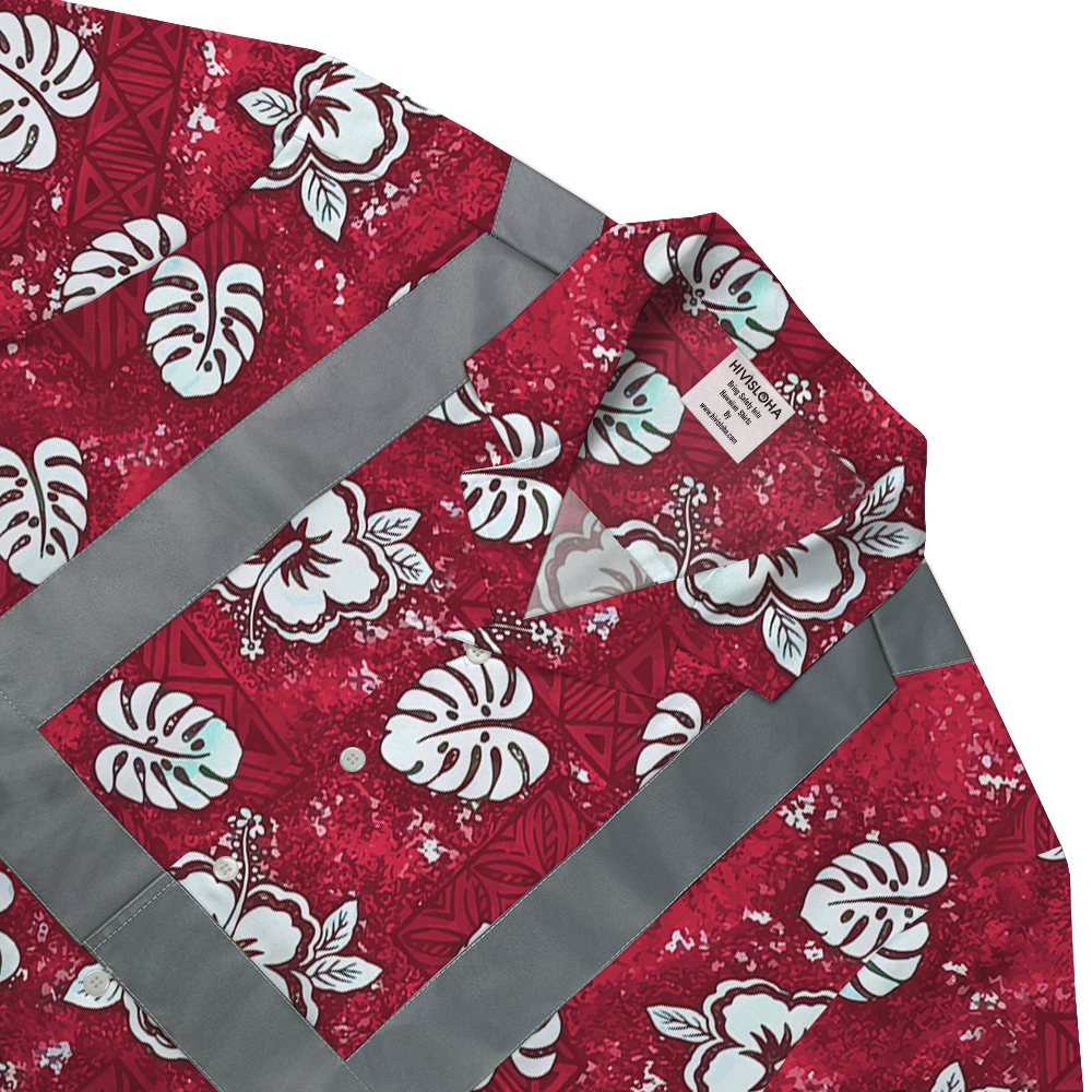 Red Hawaiian Floral Shirt With Reflective Strips 4