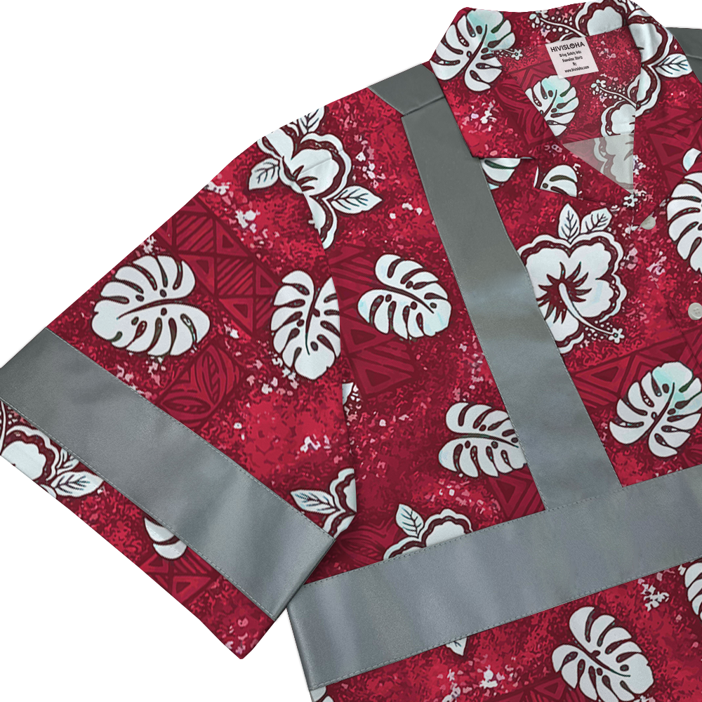 Red Hawaiian Floral Shirt With Reflective Strips 5