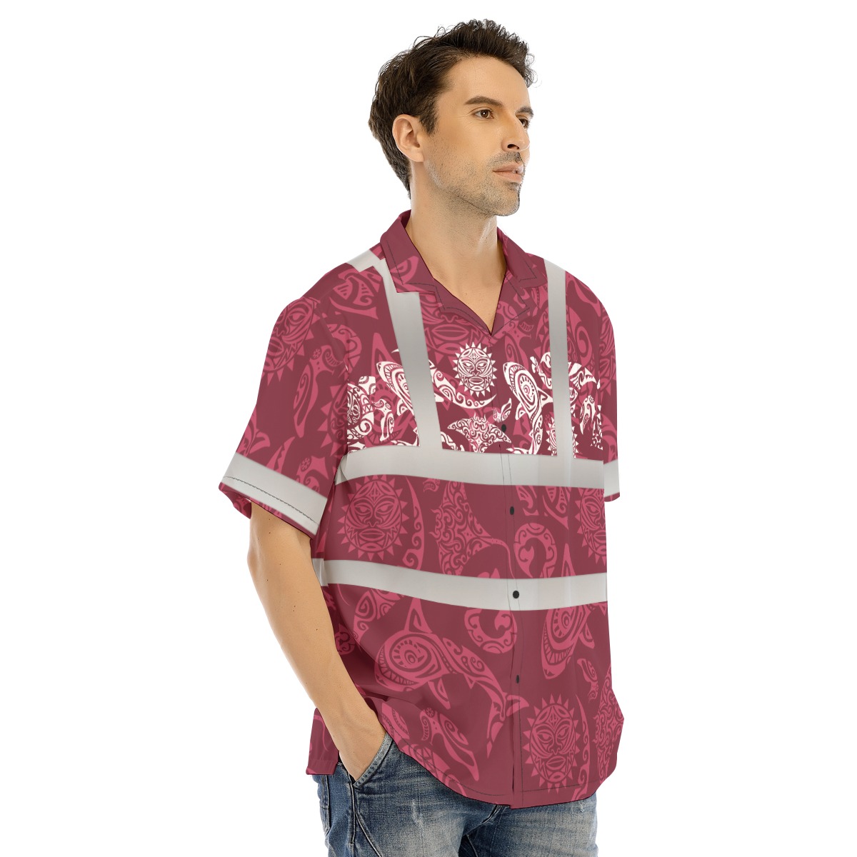 Tribal Tattoo Shark Red Hi Vis Hawaiian Shirt 4