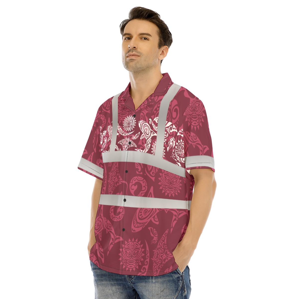 Tribal Tattoo Shark Red Hi Vis Hawaiian Shirt 5