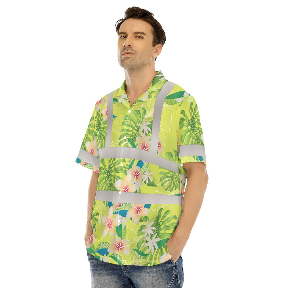 Tropical Floral Lime Hi Vis Hawaiian Shirt 4
