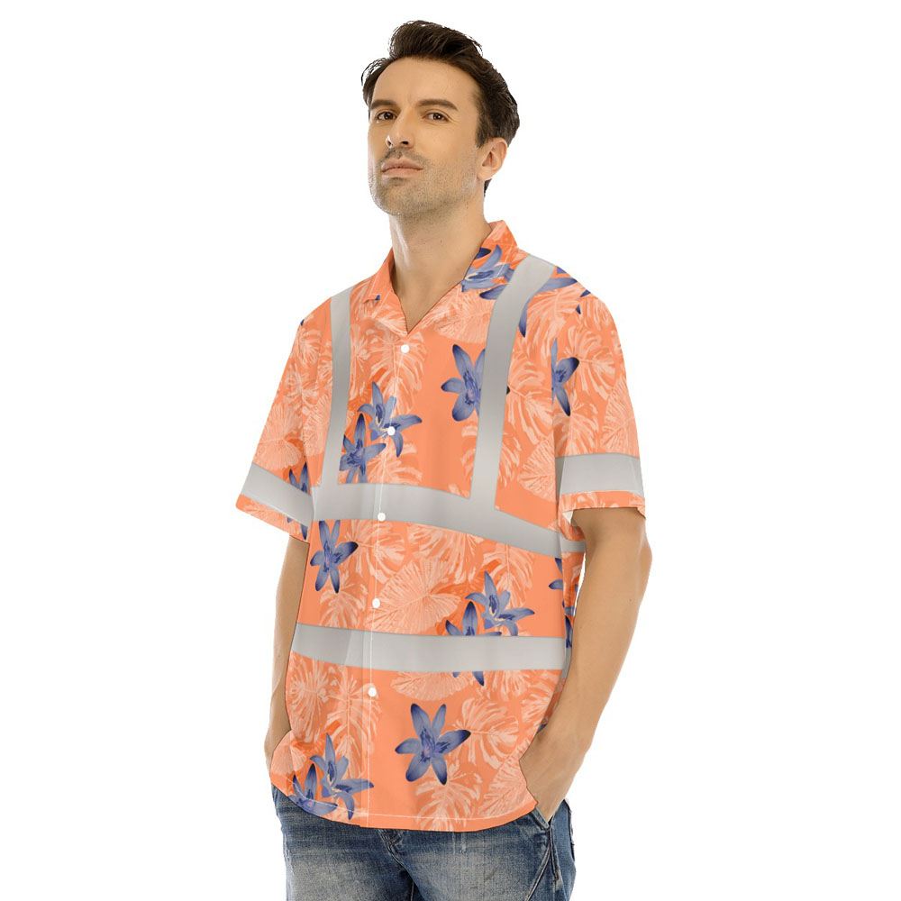 Tropical Floral Vintage Orange Hi Vis Hawaiian Shirt Class 3 4