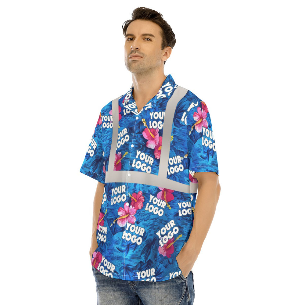 Vintage Hibiscus Navy Hi Vis Hawaiian Shirt With Custom Logo 4