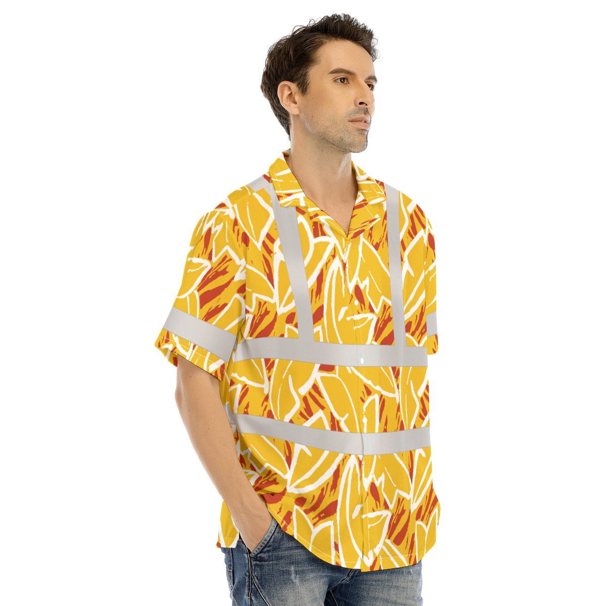 Yellow Hawaiian Safety Shirt With Reflective Strips 4