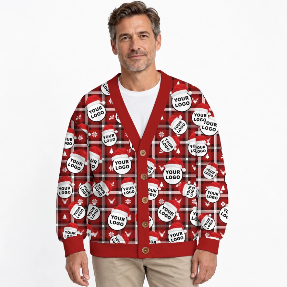 Custom Logo With Santa Hat Buffalo Plaid Pattern Christmas Cardigan 2