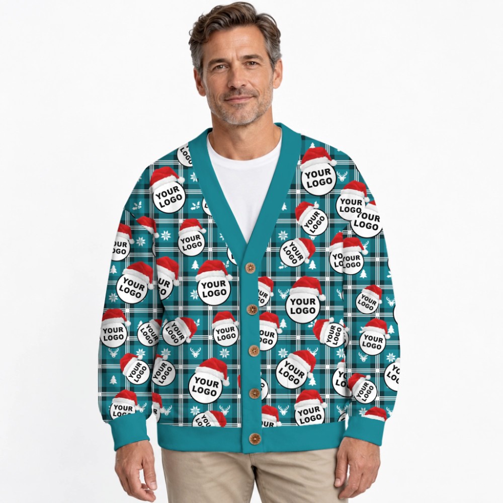 Custom Logo With Santa Hat Buffalo Plaid Pattern Christmas Cardigan 3