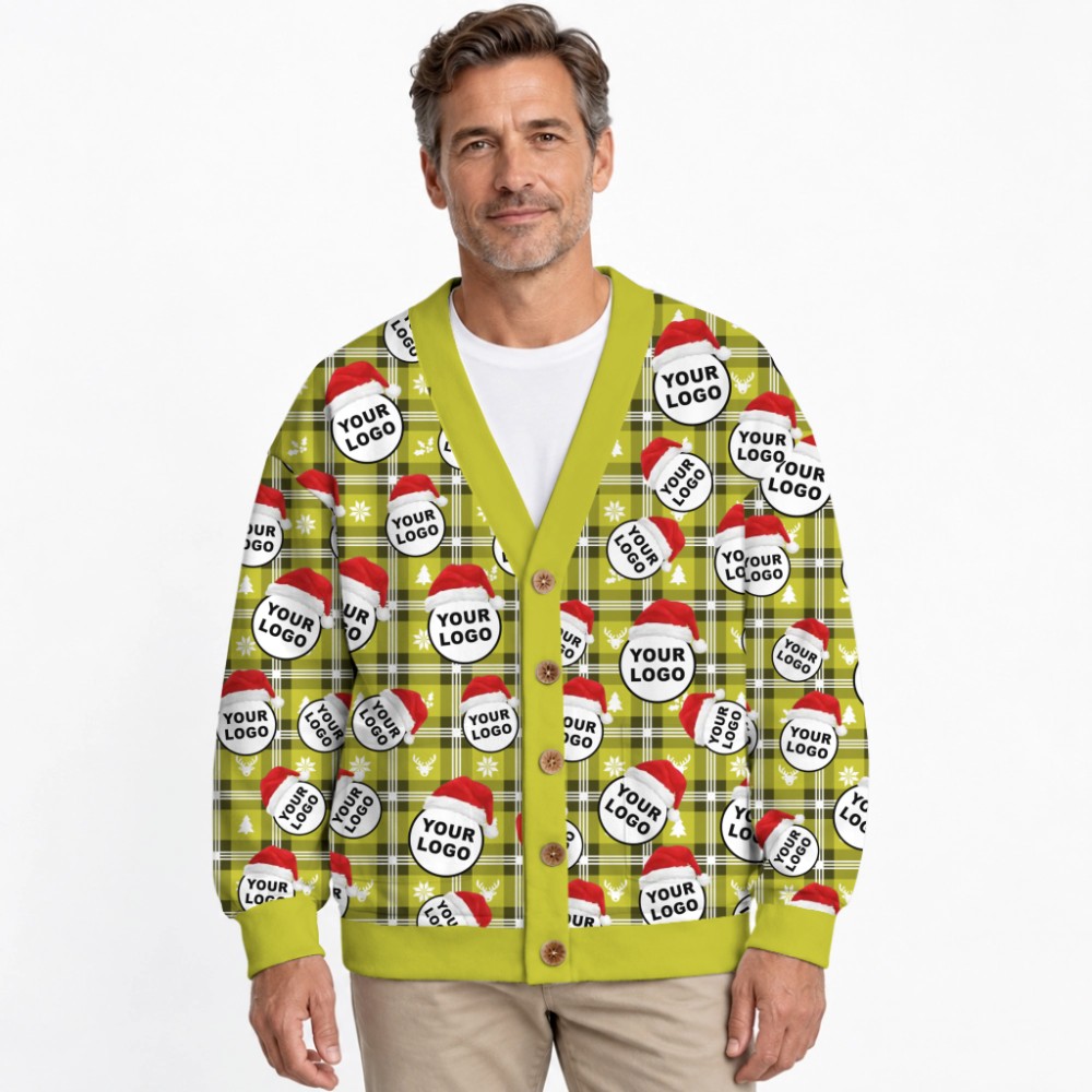 Custom Logo With Santa Hat Buffalo Plaid Pattern Christmas Cardigan 4