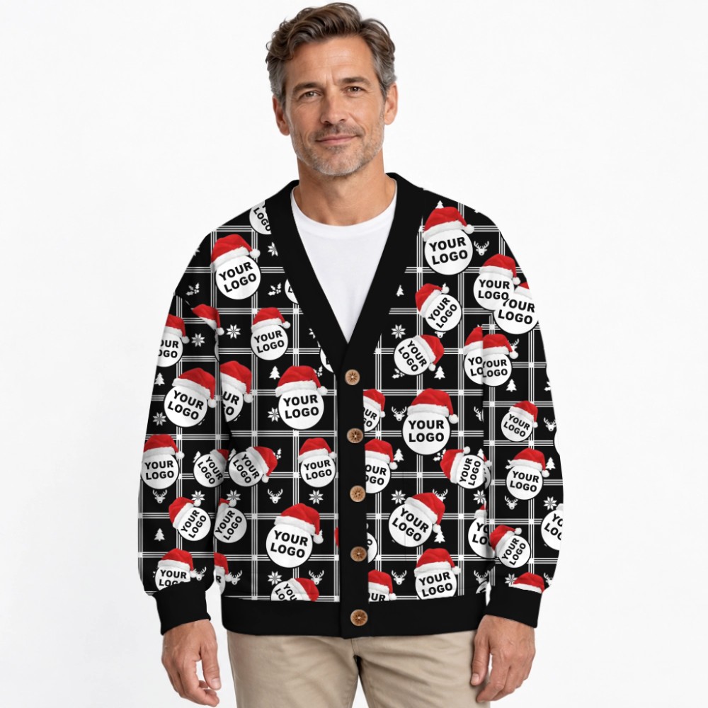 Custom Logo With Santa Hat Buffalo Plaid Pattern Christmas Cardigan 5