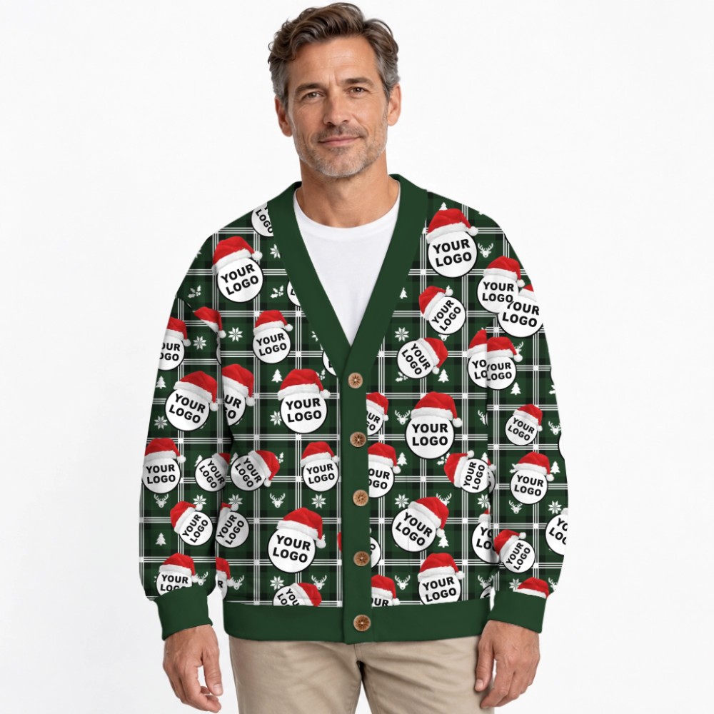 Custom Logo With Santa Hat Buffalo Plaid Pattern Christmas Cardigan 6