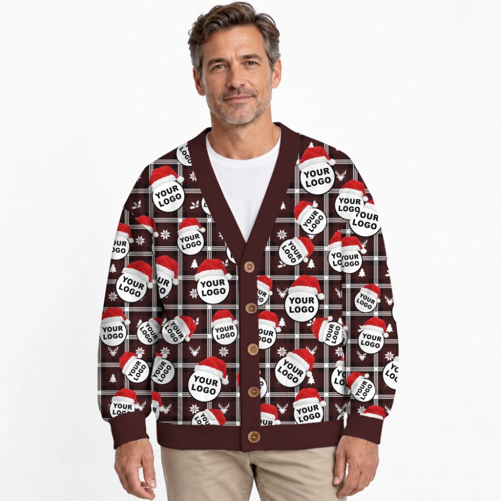 Custom Logo With Santa Hat Buffalo Plaid Pattern Christmas Cardigan 7