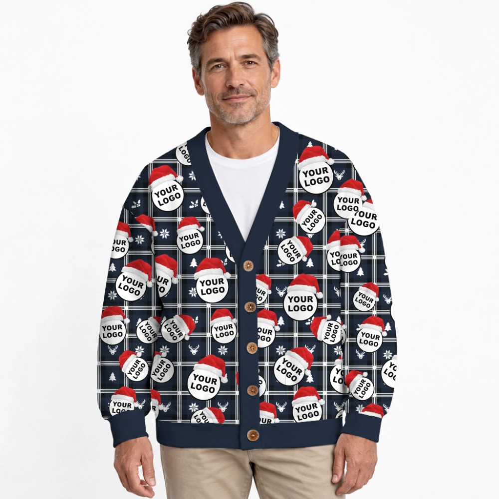 Custom Logo With Santa Hat Buffalo Plaid Pattern Christmas Cardigan 8