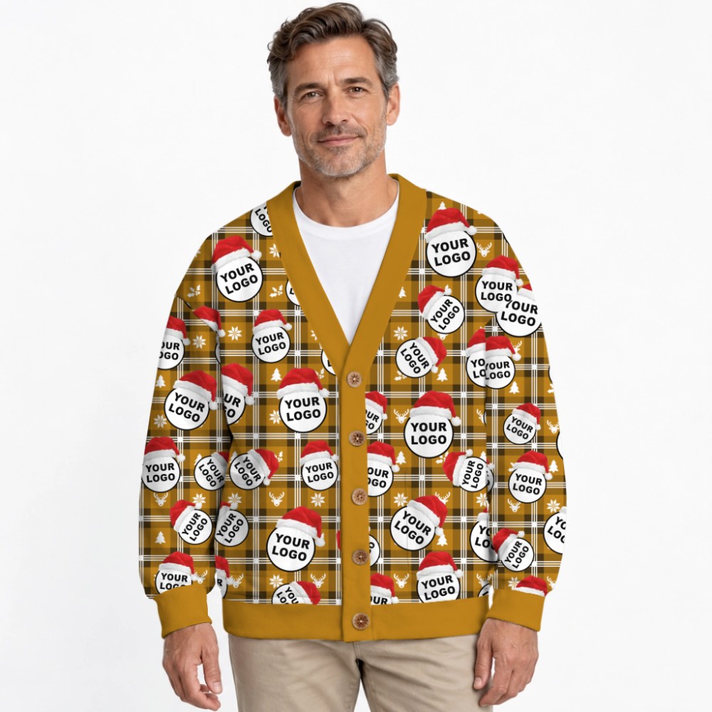 Custom Logo With Santa Hat Buffalo Plaid Pattern Christmas Cardigan 9
