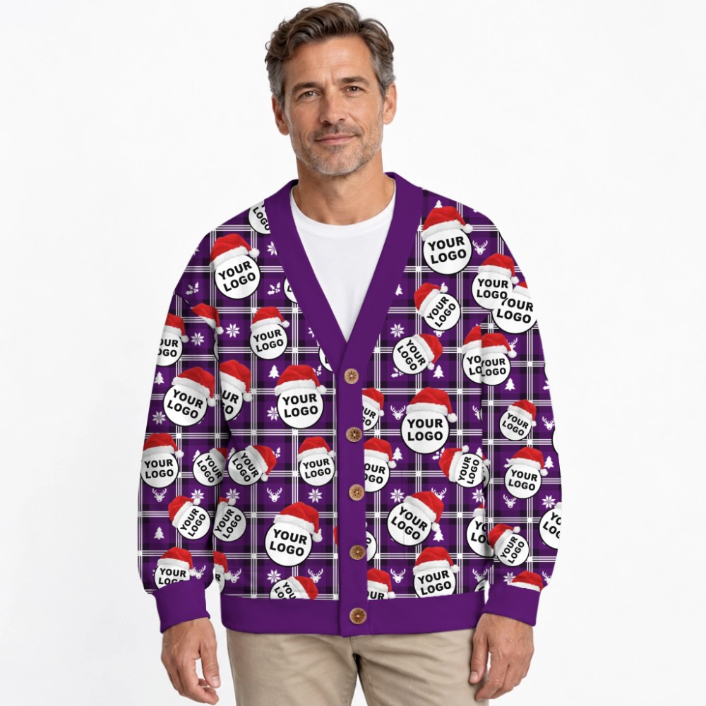 Custom Logo With Santa Hat Buffalo Plaid Pattern Christmas Cardigan 10