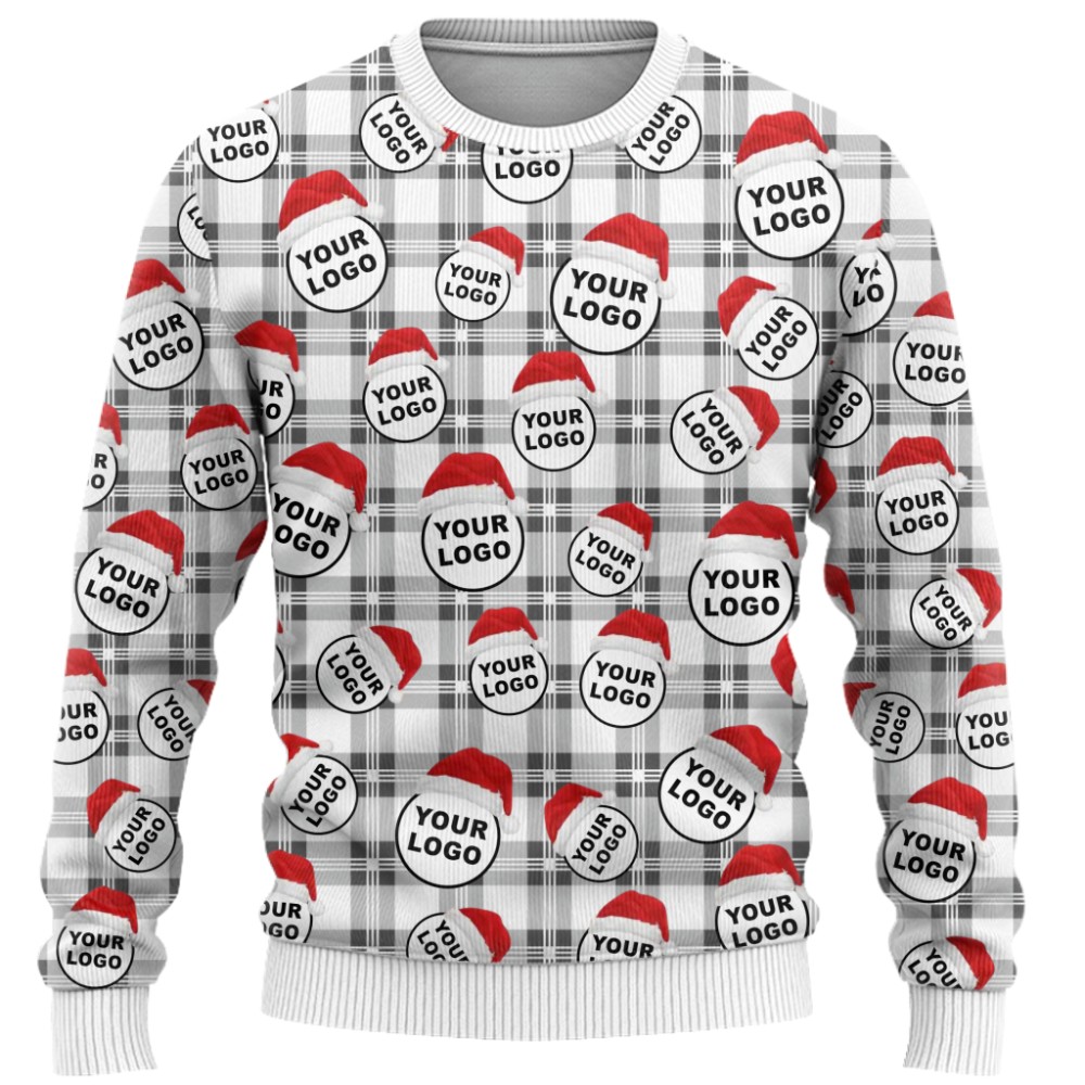 Custom Logo With Santa Hat Buffalo Plaid Pattern Christmas Sweater  11
