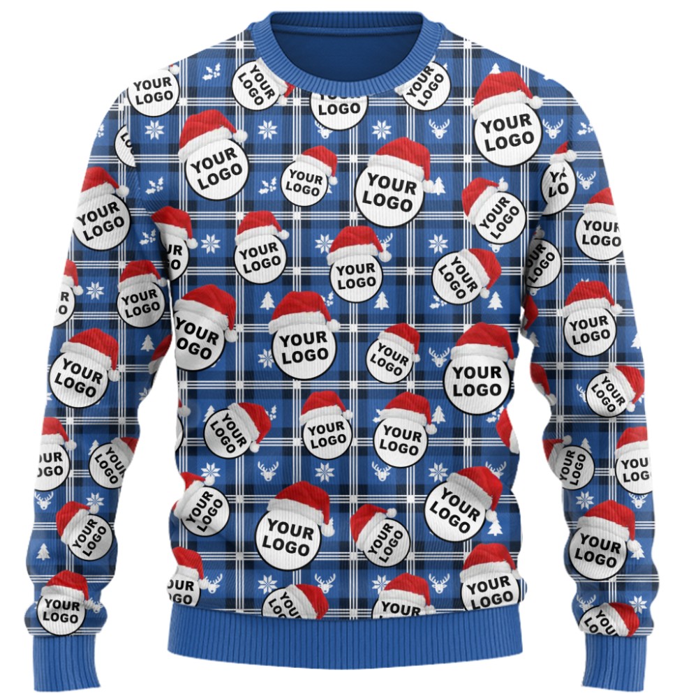 Custom Logo With Santa Hat Buffalo Plaid Pattern Christmas Sweater  10