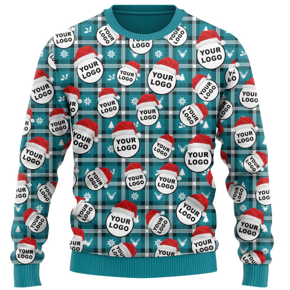 Custom Logo With Santa Hat Buffalo Plaid Pattern Christmas Sweater  2