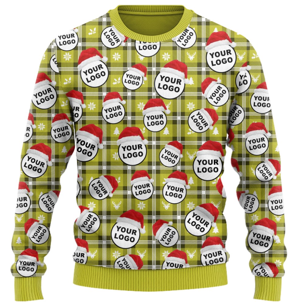 Custom Logo With Santa Hat Buffalo Plaid Pattern Christmas Sweater  3