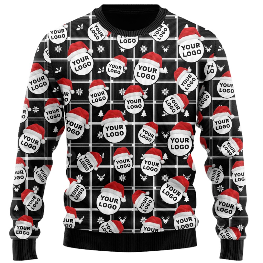 Custom Logo With Santa Hat Buffalo Plaid Pattern Christmas Sweater  4
