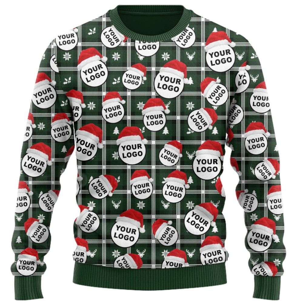 Custom Logo With Santa Hat Buffalo Plaid Pattern Christmas Sweater  5